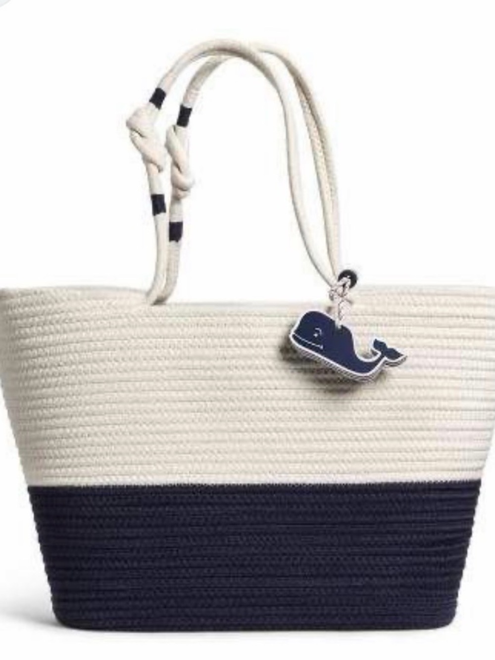 Vineyard Vines Ivory and Navy Rope Tote with Whale Charm Accent